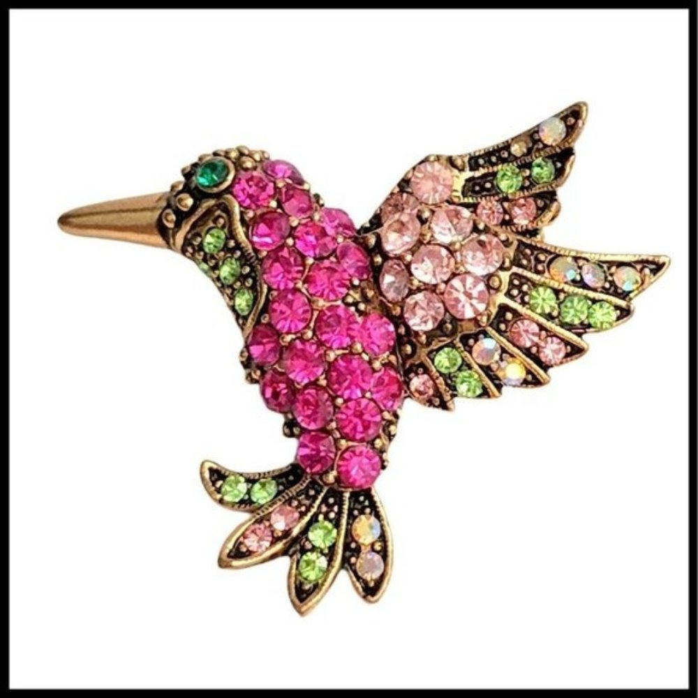Vintage Hummingbird Brooch Pin Rhinestones Enamel Bronze Tone Multicolor